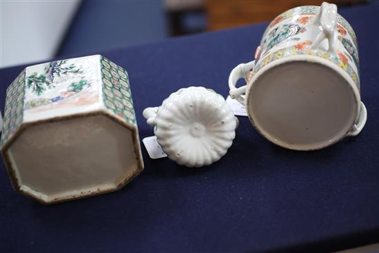 A Chinese enamelled porcelain tea caddy and cover, a wine pot and cover and a three handled tyg, 19th century, 11cm - 15cm